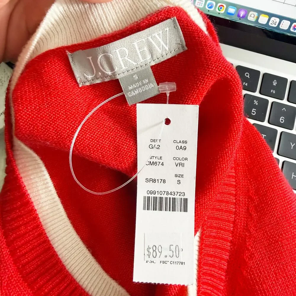 NWT J. Crew Orange-Red Short Sleeve Merino Wool Sweater Women's Small Crew Neck